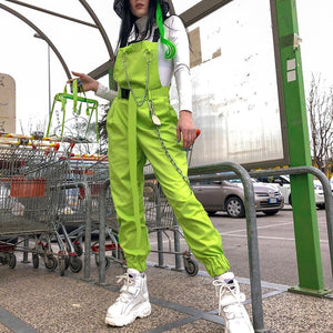 2019 Fashion Neon Women Overalls Safari Style Women Pants Personality Chain Women Long Pants Moto Street Wear Femme Pantalon