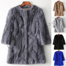 Load image into Gallery viewer, Ethel Anderson 100% Real Rabbit Fur Coat Women&#39;s O-Neck Long Rabbit Fur Jacket 3/4 Sleeves Vintage Style Leather Fur Outwear