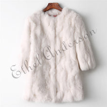 Load image into Gallery viewer, Ethel Anderson 100% Real Rabbit Fur Coat Women&#39;s O-Neck Long Rabbit Fur Jacket 3/4 Sleeves Vintage Style Leather Fur Outwear