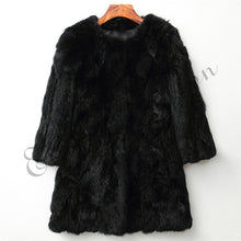 Load image into Gallery viewer, Ethel Anderson 100% Real Rabbit Fur Coat Women&#39;s O-Neck Long Rabbit Fur Jacket 3/4 Sleeves Vintage Style Leather Fur Outwear