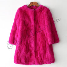 Load image into Gallery viewer, Ethel Anderson 100% Real Rabbit Fur Coat Women&#39;s O-Neck Long Rabbit Fur Jacket 3/4 Sleeves Vintage Style Leather Fur Outwear