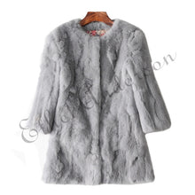 Load image into Gallery viewer, Ethel Anderson 100% Real Rabbit Fur Coat Women&#39;s O-Neck Long Rabbit Fur Jacket 3/4 Sleeves Vintage Style Leather Fur Outwear