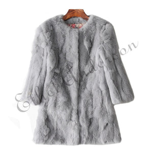 Ethel Anderson 100% Real Rabbit Fur Coat Women's O-Neck Long Rabbit Fur Jacket 3/4 Sleeves Vintage Style Leather Fur Outwear