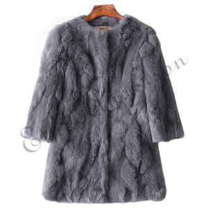 Ethel Anderson 100% Real Rabbit Fur Coat Women's O-Neck Long Rabbit Fur Jacket 3/4 Sleeves Vintage Style Leather Fur Outwear