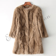 Load image into Gallery viewer, Ethel Anderson 100% Real Rabbit Fur Coat Women&#39;s O-Neck Long Rabbit Fur Jacket 3/4 Sleeves Vintage Style Leather Fur Outwear