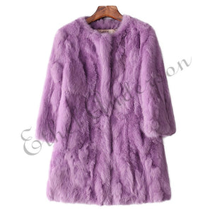 Ethel Anderson 100% Real Rabbit Fur Coat Women's O-Neck Long Rabbit Fur Jacket 3/4 Sleeves Vintage Style Leather Fur Outwear