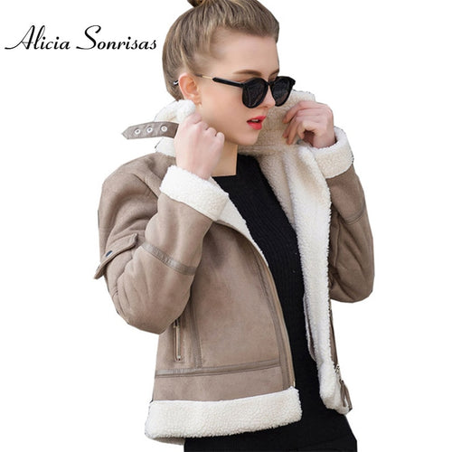 2019 Faux Shearling Sheepskin Coat Women Leather Thick Suede Jacket Women Autumn Winter Lambs Wool Short Motorcycle Coats UV3001