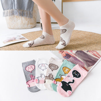 5Pairs/Lot Summer Korea socks women Cartoon Cat Fox mouse Socks Cute Animal Funny Ankle Socks Cotton invisible socks Dropship