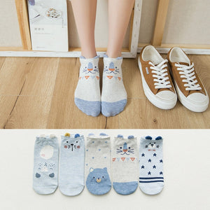 5Pairs/Lot Summer Korea socks women Cartoon Cat Fox mouse Socks Cute Animal Funny Ankle Socks Cotton invisible socks Dropship