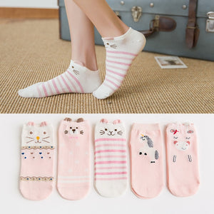 5Pairs/Lot Summer Korea socks women Cartoon Cat Fox mouse Socks Cute Animal Funny Ankle Socks Cotton invisible socks Dropship