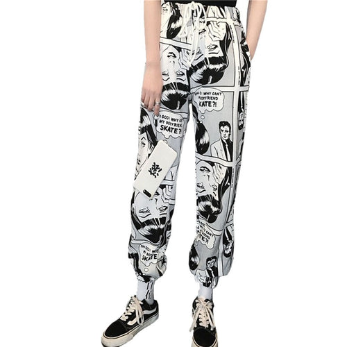 Stylish Cartoon Print Drawstring Pants Elastic Waist Hip Hop Long Pants Women Harajuku High Waist Casual Trousers