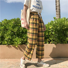 Load image into Gallery viewer, Yellow Plaid Vintage Pants Women 2019 Spring Summer Casual Drawstring Trousers Women Loose Wide Leg Cotton Pants