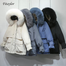 Load image into Gallery viewer, Fitaylor Winter Jacket Women Large Natural Fox Fur White Duck Down Coat Thick Parkas Warm Sash Tie Up Zipper Down Snow Outerwear