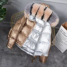 Load image into Gallery viewer, FTLZZ New Gold Silver Double Side Down Coat Winter Jacket Women Big Aritificial Fur White Duck Down Parkas Female Down Outerwear