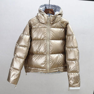 FTLZZ New Gold Silver Double Side Down Coat Winter Jacket Women Big Aritificial Fur White Duck Down Parkas Female Down Outerwear