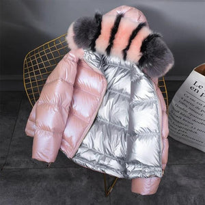 FTLZZ New Gold Silver Double Side Down Coat Winter Jacket Women Big Aritificial Fur White Duck Down Parkas Female Down Outerwear