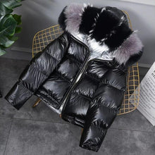 Load image into Gallery viewer, FTLZZ New Gold Silver Double Side Down Coat Winter Jacket Women Big Aritificial Fur White Duck Down Parkas Female Down Outerwear