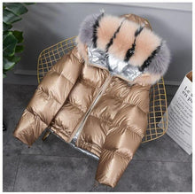 Load image into Gallery viewer, FTLZZ New Gold Silver Double Side Down Coat Winter Jacket Women Big Aritificial Fur White Duck Down Parkas Female Down Outerwear