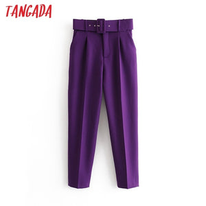 Tangada black suit pants woman high waist pants sashes pockets office ladies pants fashion middle aged pink yellow pants 6A22