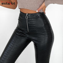 Load image into Gallery viewer, InstaHot Elegant High Waist Faux Leather Pants Women Pencil Skinny Pants Office Ladies Trousers Casual Slim Black Capris 2019