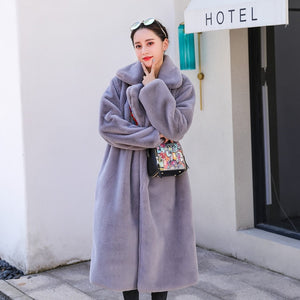 Winter Women High Quality Faux Rabbit Fur Coat Luxury Long Fur Coat Loose Lapel OverCoat Thick Warm Plus Size Female Plush Coats