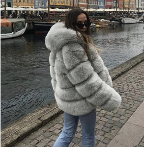 Womens Coat Women Fashion Luxury Faux Fur Coat Hooded Autumn Winter Warm Long Coat