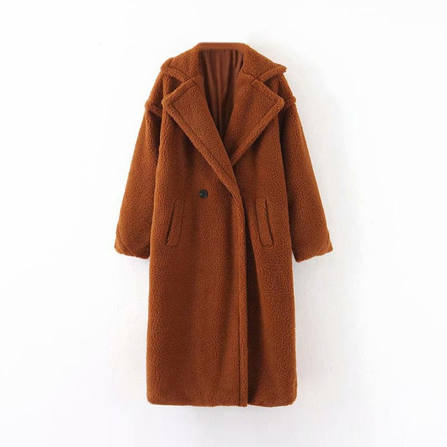 Winter Casual Solid Teddy Coat Women Long Sleeve Fleece Long Jacket Lady Turn Down Collar Lamb Fur Coat Outerwear Fourrure Femme