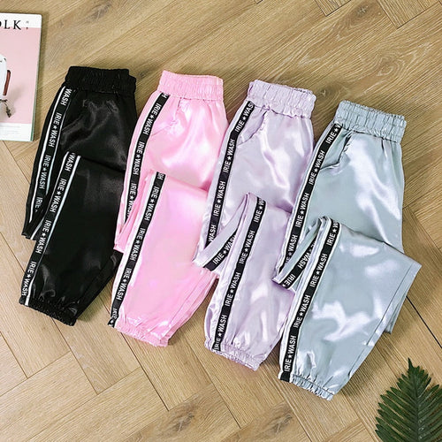 MoneRffi Big Pocket Satin Highlight Harem Pants Women Glossy Sport Ribbon Trousers BF Style Harajuku Joggers Women Sports Pants