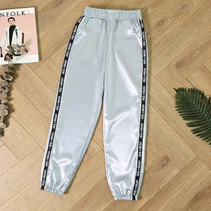 MoneRffi Big Pocket Satin Highlight Harem Pants Women Glossy Sport Ribbon Trousers BF Style Harajuku Joggers Women Sports Pants