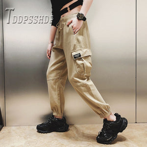 Cotton High Waist Cargo Pants 2019 Spring Pink Khaki Black Female Trousers