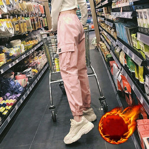 Cotton High Waist Cargo Pants 2019 Spring Pink Khaki Black Female Trousers