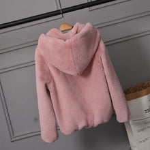 Load image into Gallery viewer, 2019 Faux Fur Coat With Hood High Fashion Slim Waist Black Red Pink Faux Fake Fur Jacket Rabbit Fur