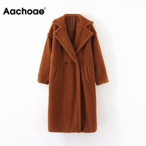 Winter Casual Solid Teddy Coat Women Long Sleeve Fleece Long Jacket Lady Turn Down Collar Lamb Fur Coat Outerwear Fourrure Femme