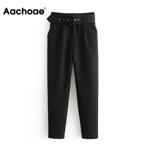 Office Lady Black Suit Pants with Belt Women High Waist Solid Long Trousers Fashion Pockets Pants Trousers Pantalones