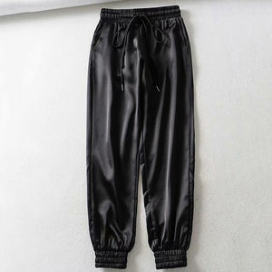 MoneRffi Big Pocket Satin Highlight Harem Pants Women Glossy Sport Ribbon Trousers BF Style Harajuku Joggers Women Sports Pants