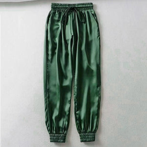 MoneRffi Big Pocket Satin Highlight Harem Pants Women Glossy Sport Ribbon Trousers BF Style Harajuku Joggers Women Sports Pants