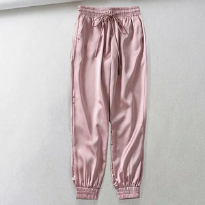 MoneRffi Big Pocket Satin Highlight Harem Pants Women Glossy Sport Ribbon Trousers BF Style Harajuku Joggers Women Sports Pants