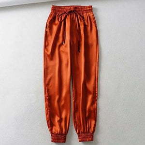 MoneRffi Big Pocket Satin Highlight Harem Pants Women Glossy Sport Ribbon Trousers BF Style Harajuku Joggers Women Sports Pants