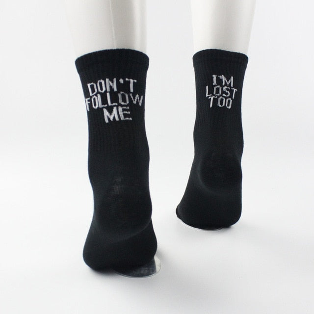 CHAOZHU Black White Cotton Socks AB Side Don't Follow Me I'm Lost too Creative Unisex Women Men Casual Socks Daily