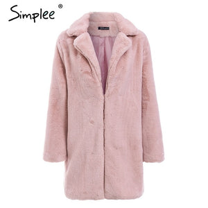 Simplee Elegant pink shaggy women faux fur coat streetwear Autumn winter warm plush teddy coat Female plus size overcoat party