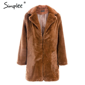 Simplee Elegant pink shaggy women faux fur coat streetwear Autumn winter warm plush teddy coat Female plus size overcoat party