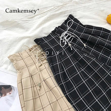 Load image into Gallery viewer, CamKemsey Japanese Harajuku Casual Pants Women 2019 Fashion Lace Up High Waist Ankle Length Loose Plaid Harem Pants