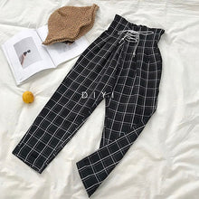 Load image into Gallery viewer, CamKemsey Japanese Harajuku Casual Pants Women 2019 Fashion Lace Up High Waist Ankle Length Loose Plaid Harem Pants