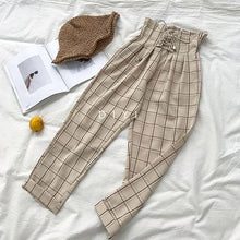 Load image into Gallery viewer, CamKemsey Japanese Harajuku Casual Pants Women 2019 Fashion Lace Up High Waist Ankle Length Loose Plaid Harem Pants