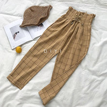 Load image into Gallery viewer, CamKemsey Japanese Harajuku Casual Pants Women 2019 Fashion Lace Up High Waist Ankle Length Loose Plaid Harem Pants