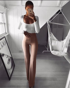 2019 New Casual Retro Women Plain Palazzo Solid High Waist Flare Wide Leg Chic Trousers Slim Long Loose OL Work Pants Plus Size