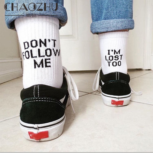 CHAOZHU Black White Cotton Socks AB Side Don't Follow Me I'm Lost too Creative Unisex Women Men Casual Socks Daily