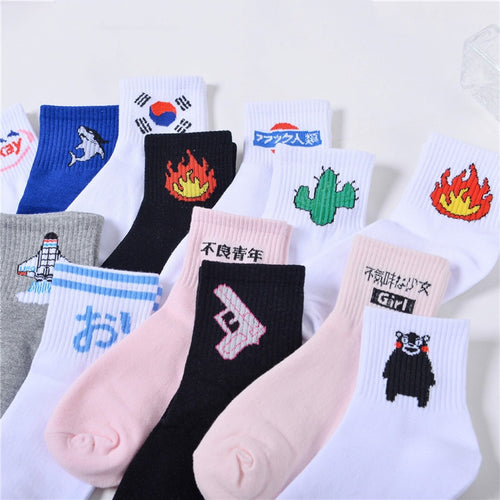 Summer Ladies Short Socks  Korea Japanese Cotton Flame Harajuku Socks Girl Cartoon Cactus Gun  Funny Female Socks