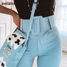 Load image into Gallery viewer, InstaHot Casual High Waist Pencil Pants Women Belt Ankle Length Office Lady Pants Blue Zipper Suit Trousers Straight Leg Sashes