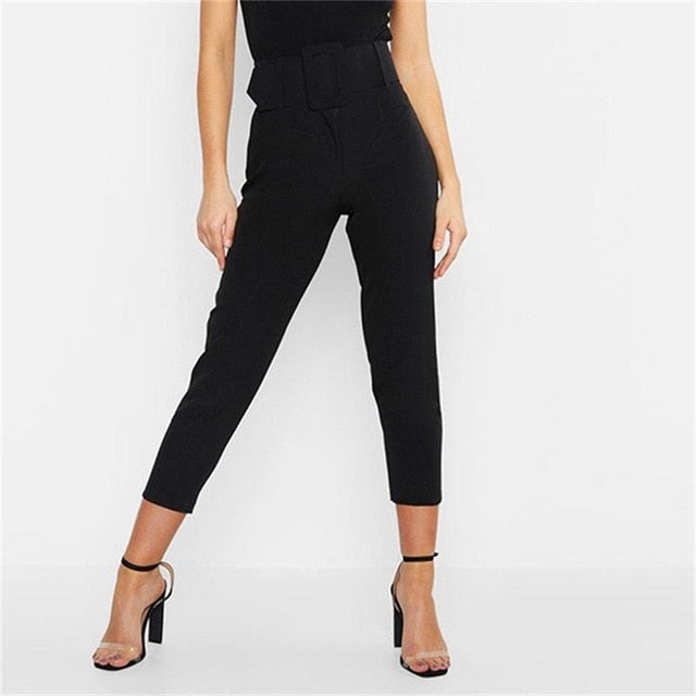 InstaHot Casual High Waist Pencil Pants Women Belt Ankle Length Office Lady Pants Blue Zipper Suit Trousers Straight Leg Sashes